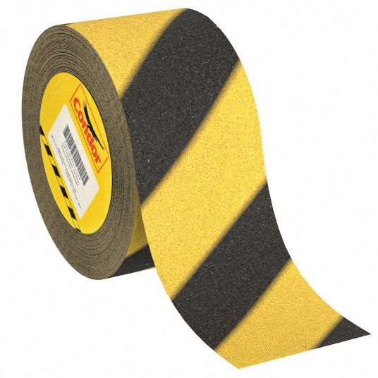 Anti-Slip Tape: Coarse, 60 Grit Size, Striped, Black/Yellow, 4 in x 60 ft,  32 mil Tape Thick