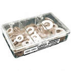 WASHERS ASSORTMENT, 6 SIZES, SZ FROM NO. 10 TO 1/2 IN, PLASTIC CONTAINER, COPPER, 100 PIECES