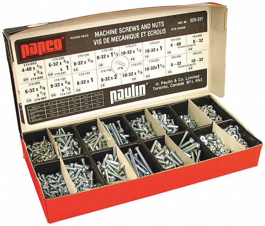 PAPCO MACHINE SCREW ASSORTMENT, ROUND HEAD, 16 SIZES, 440" X 1/2 IN TO