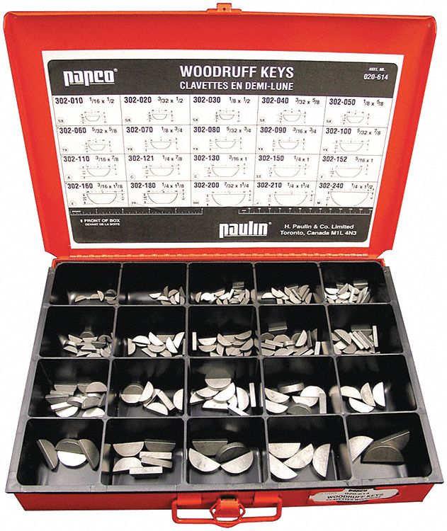 PAPCO WOODRUFF KEYS ASSORTMENT, 20 SIZES, 1/6 X 1/2 IN TO 1/4 X 1 1/2