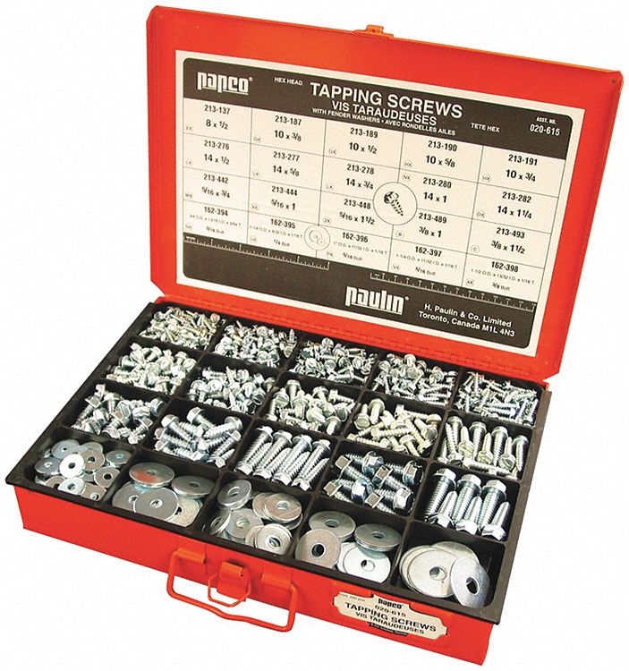 PAPCO TAPPING SCREW ASSORTMENT, 20 SIZES, 280 HEXAGON HEAD SCREWS/125