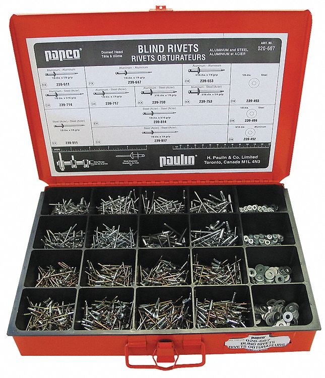 PAPCO BLIND RIVETS ASSORTMENT, DOME HEAD RIVETS/BACKUP PLATES