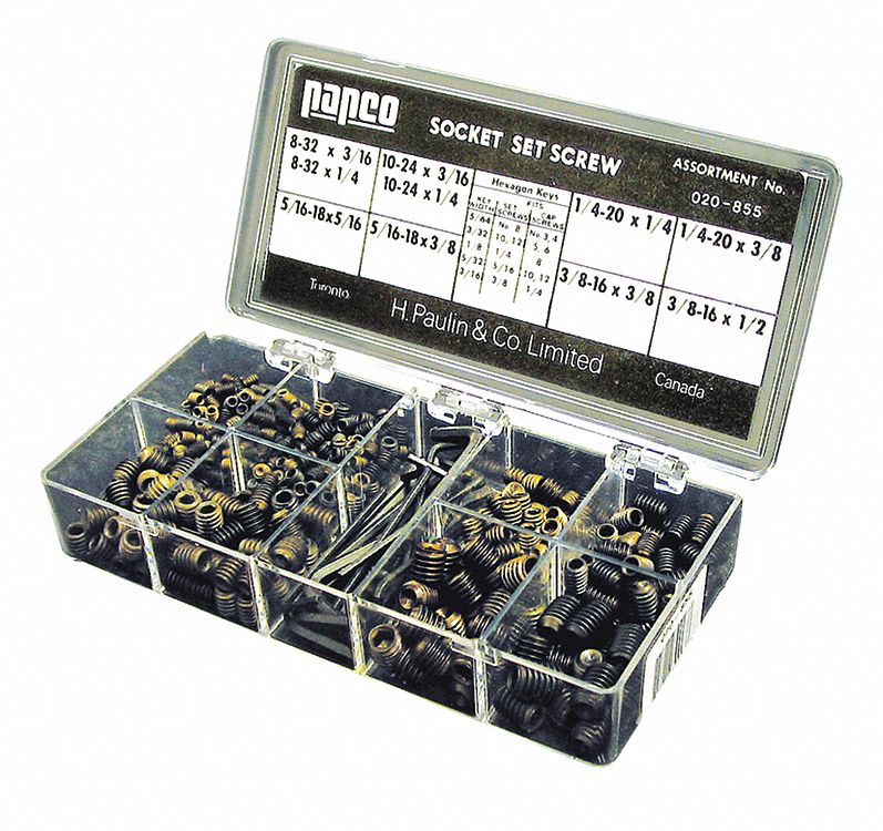 PAPCO SOCKET SET SCREWS ASSORTMENT, W/HEXAGON KEYS, 10 SIZES, CHROME