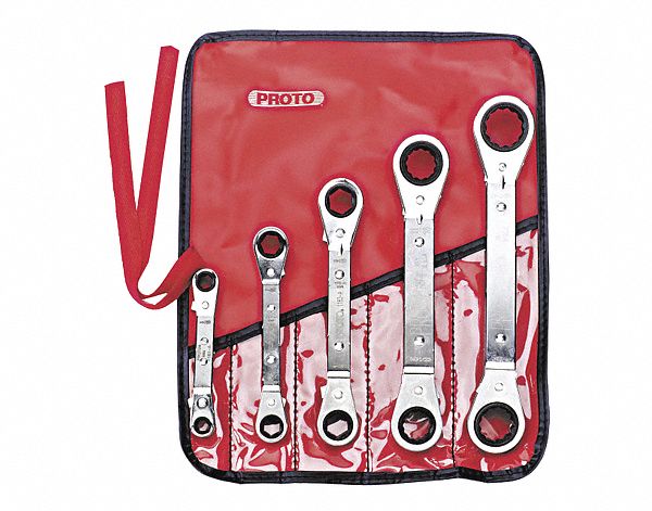 BOX END WRENCH SET, ALLOY STEEL, CHROME, 5 TOOLS, ¼ IN TO⅞ IN HEAD SIZES, POUCH