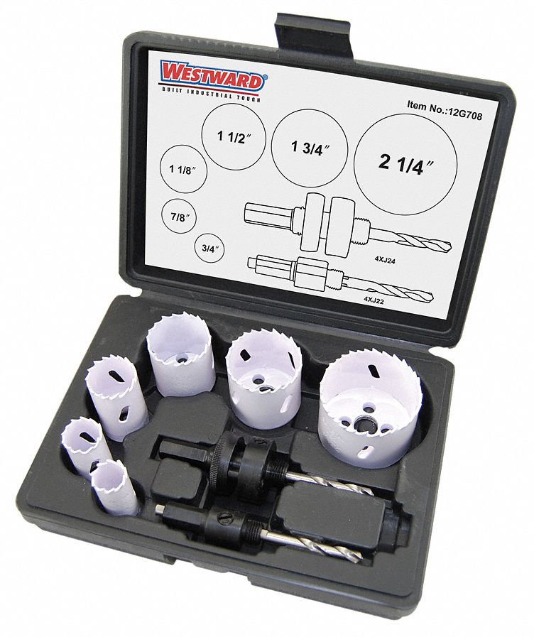 HOLE SAW KIT, 8 PIECES, ¾ IN TO 2¼ IN SAW SIZE RANGE, 1½ IN MAX CUTTING DEPTH