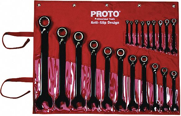 COMBINATION WRENCH SET, ALLOY STEEL, BLACK CHROME, 20 TOOLS, OFFSET, REVERSING, TOOL ROLL