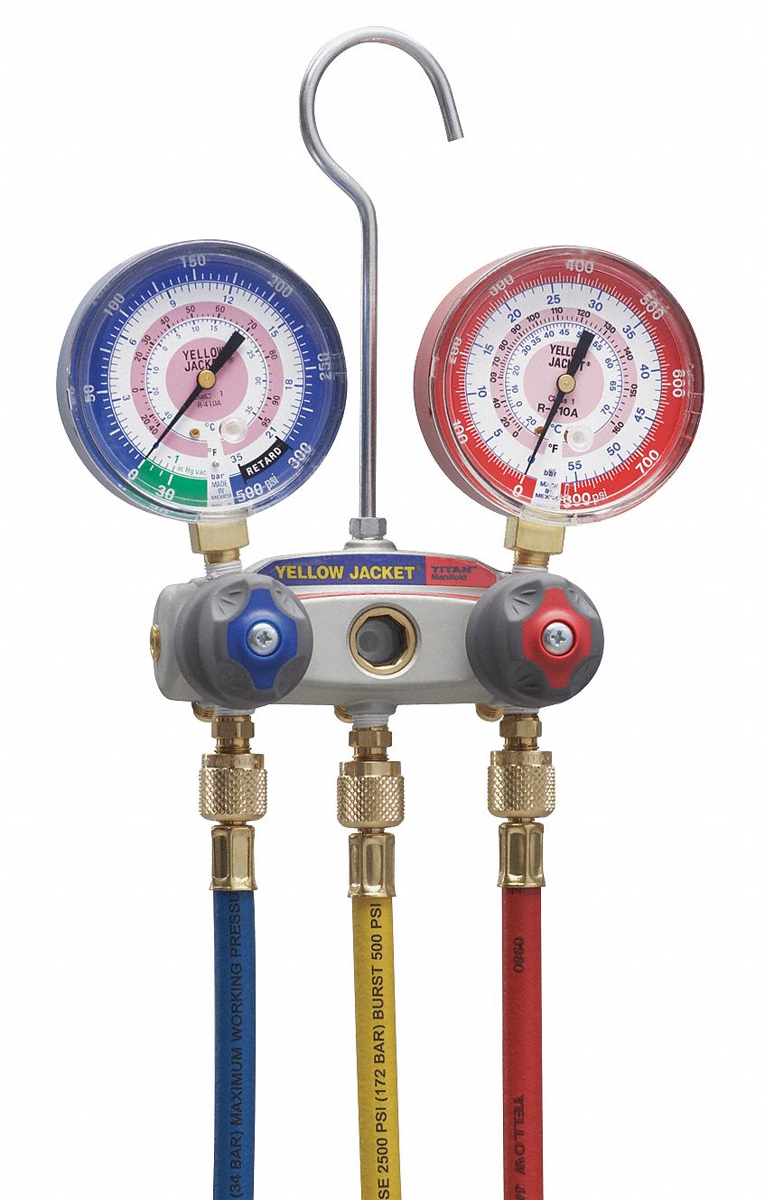MANIFOLD GAUGE, 2 VALVES, 3 HOSES, TITAN SERIES, 3⅛ IN GAUGE DIAMETER