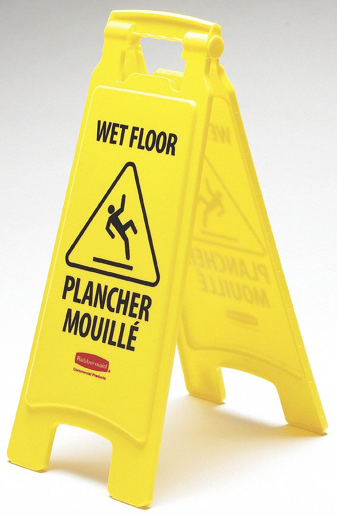 FLOOR SIGN, BILINGUAL, WET FLOOR/PLANCHE MOUILLE, 2-SIDED, YELLOW, 11 X 25 IN