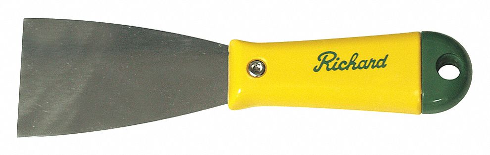 PUTTY KNIFE, STIFF BLADE, COMMON HANDLE, YLW/GRN, 3 3/4 IN, 3 1/4 X 2 IN, PP, HIGH CARBON STEEL