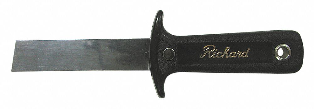 RUBBER CUTTING KNIFE, FINGER GUARD, BLACK, 8 X 2 1/2 IN, 0.63 IN THICK. CARBON STEEL BLADE.