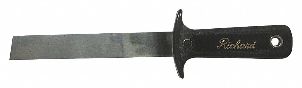 RUBBER CUTTING KNIFE, FINGER GUARD, BLACK, 10 X 2 1/2 IN, 0.63 IN THICK. CARBON STEEL BLADE.