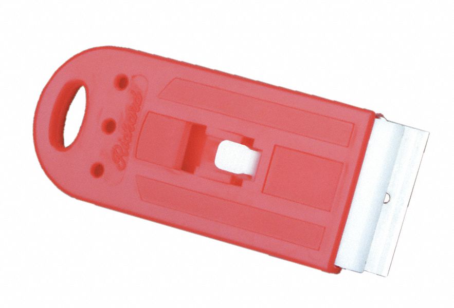 RETRACTABLE RAZOR SCRAPER, SINGLE EDGE BLADE, COMMON HANDLE, RED, 4 IN LONG, 1 1/2 IN WIDE, PLASTIC