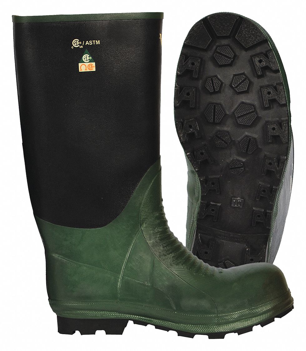 BOTTES, HOMMES, POINTURE 9, CAOUTCHOUC/TOILE DE COTON/BOUT ET PLAQUE EN ACIER, NOIR/VERT, CSA/ASTM, 18 KV