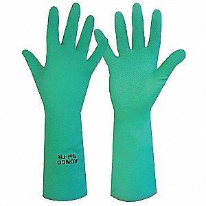 CHEMICAL-RESISTANT GLOVES, UNLINED, DIAMOND GRIP, SZ L/9, 13 IN L/11 MIL THICK, GRN, NITRILE