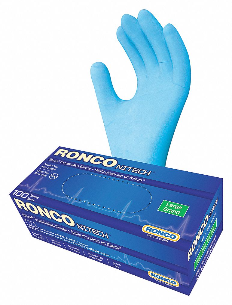 NITECH EXAM GLOVES, 9 1/2 IN L/5 MIL THICK, 10/XL, BLUE, SYNTHETIC, BX 100