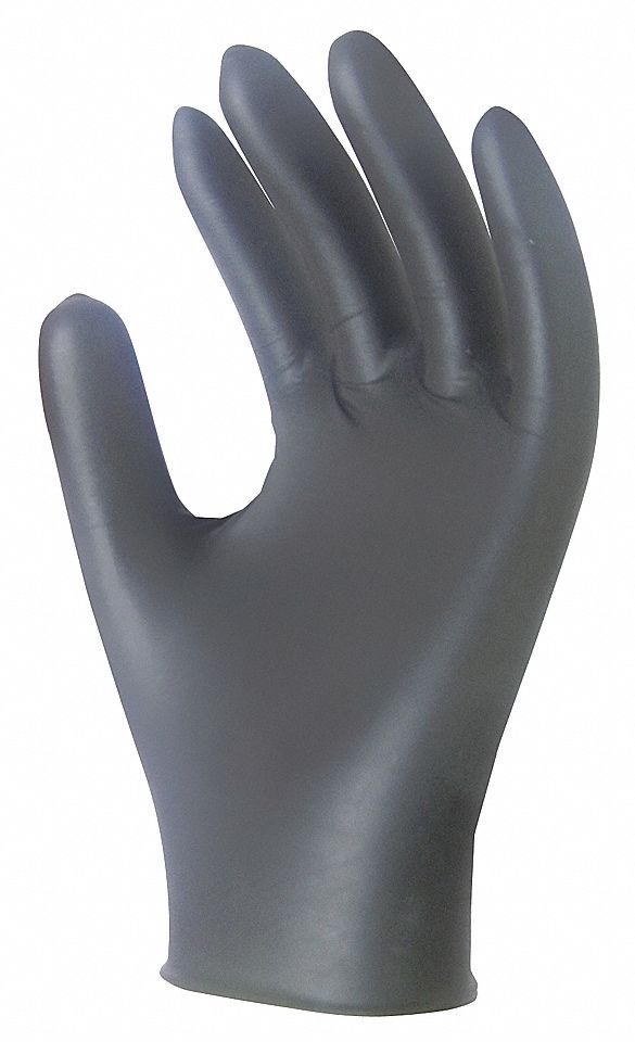 DISPOSABLE GLOVES, 9 1/2 IN L/4 MIL THICK, SIZE 7/S, BLACK, NITRILE, BX 100