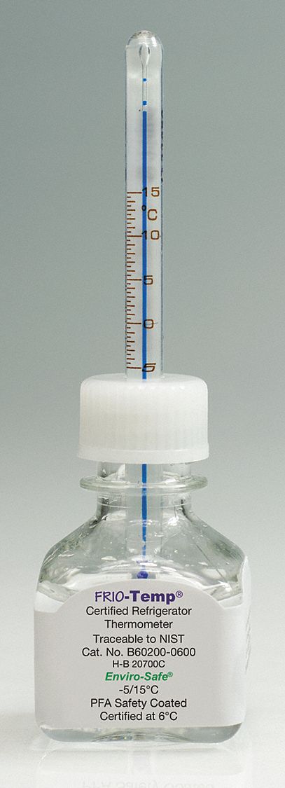Bottle Thermometer: Refrigerators, -5° to 15°C, Celsius, Enviro-Safe® Liquid - 30 mL, 0.5°C, ±0.5°C