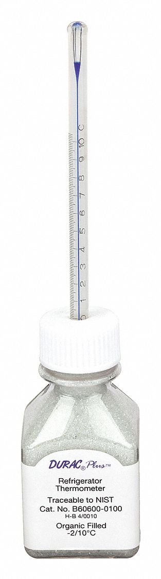 Bottle Thermometer: -2°C to 10°C, +/-0.4°C, 60 mL Bottle Volume, Glass Beads