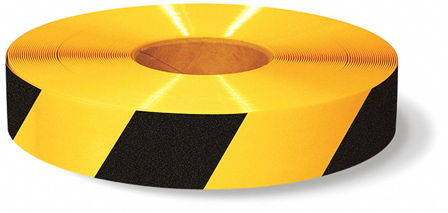 FLOOR TAPE, STRIPED PATTERN, BLACK AND YELLOW, 100 FT L, 2 IN W