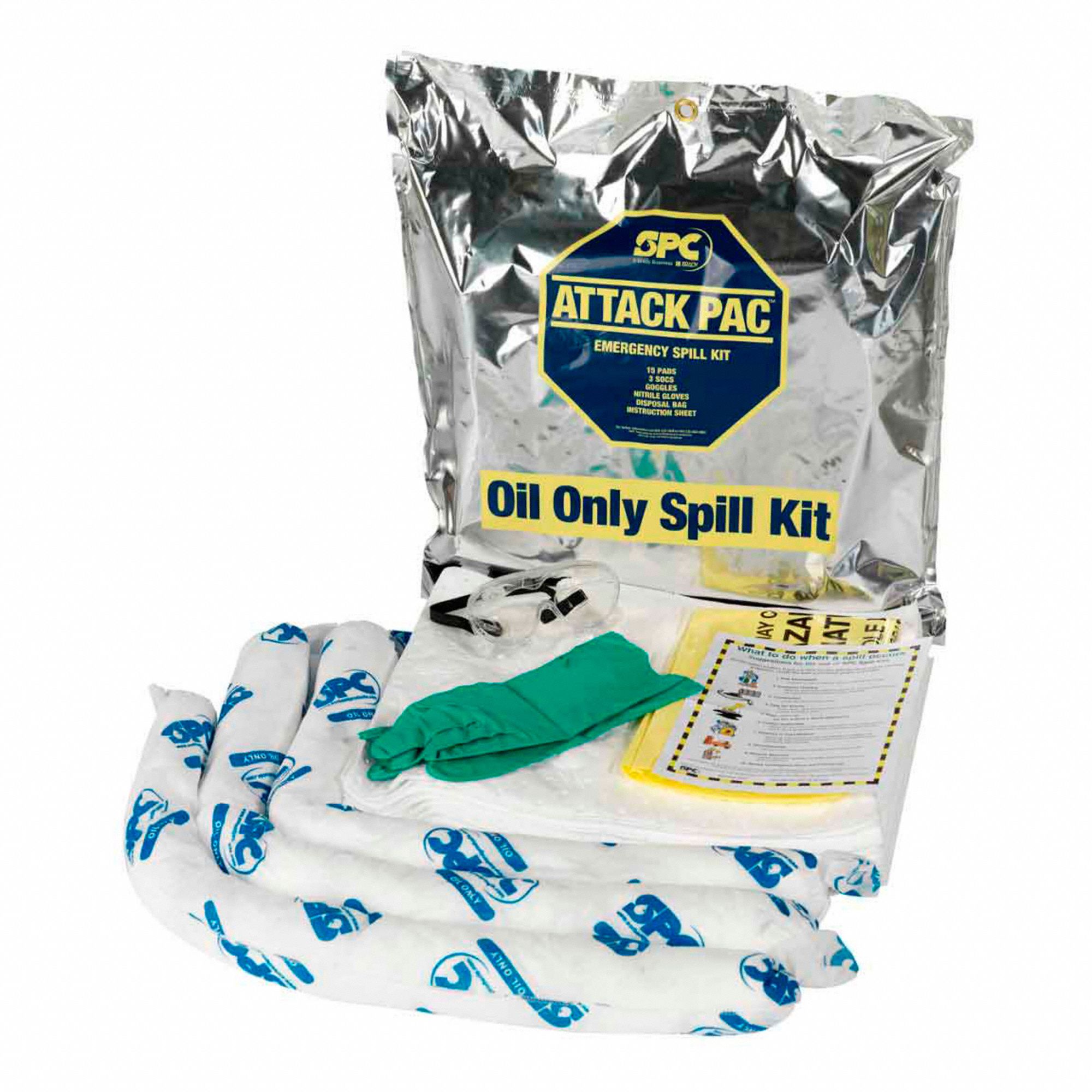 SPILL KIT, SILVER, 7 GAL CAPACITY, 16 IN WIDTH, 4 IN HEIGHT, 15 PADS INCLUDED, OIL ONLY