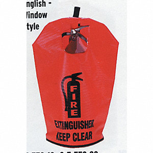 FIRE EXTINGUISHER COVER, 20 LB, WINDOW, ENGLISH, FLUOR RED, 16 X 25 IN, VINYL