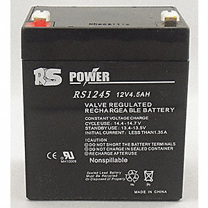 SEALED LEAD ACID RECHARGEABLE BATTERY, 12 VDC, 5.0 AMP HOUR, 2 3/4 X 3 1/2 X 4 IN, F1 TERMINALS