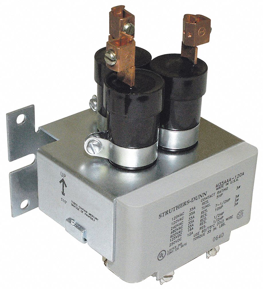 Mercury Displacement Contactor: 240V AC, 35 A Contact Amp Rating (Resistive), 3.39 in Dp, 4.98 in Ht