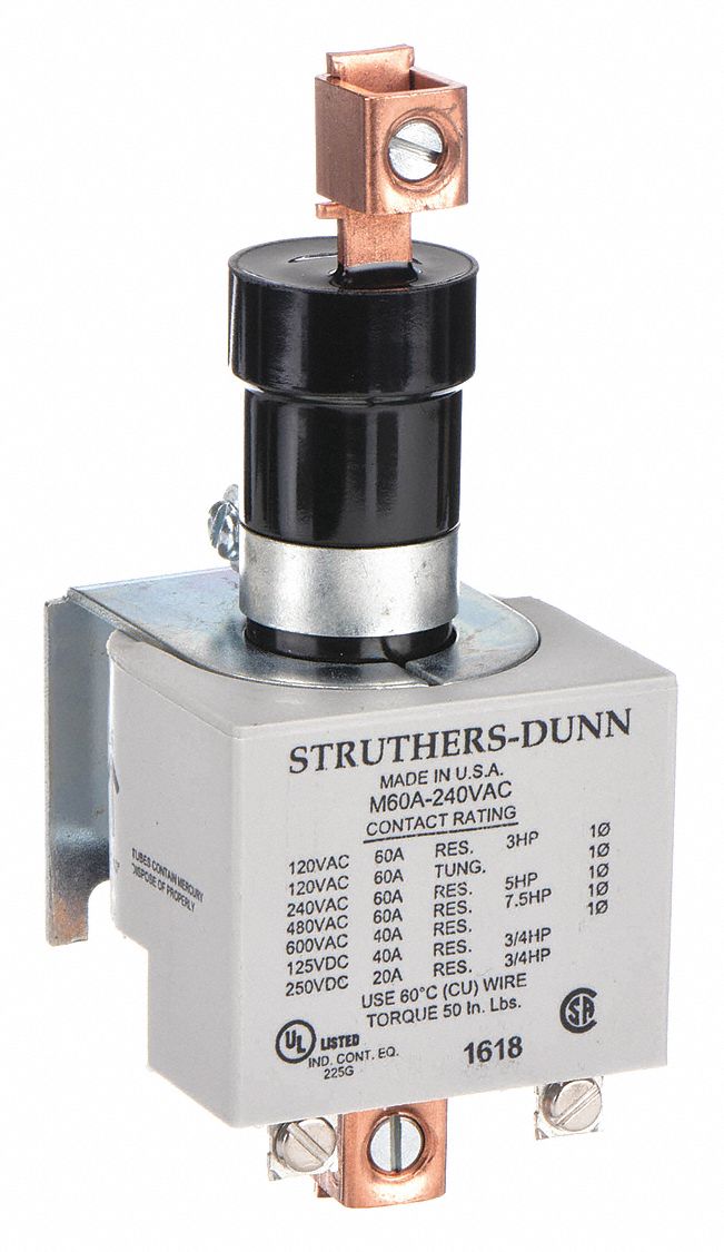 Mercury Displacement Contactor: 240V AC, 60 A Full Load Current - Resistive, 1 Poles