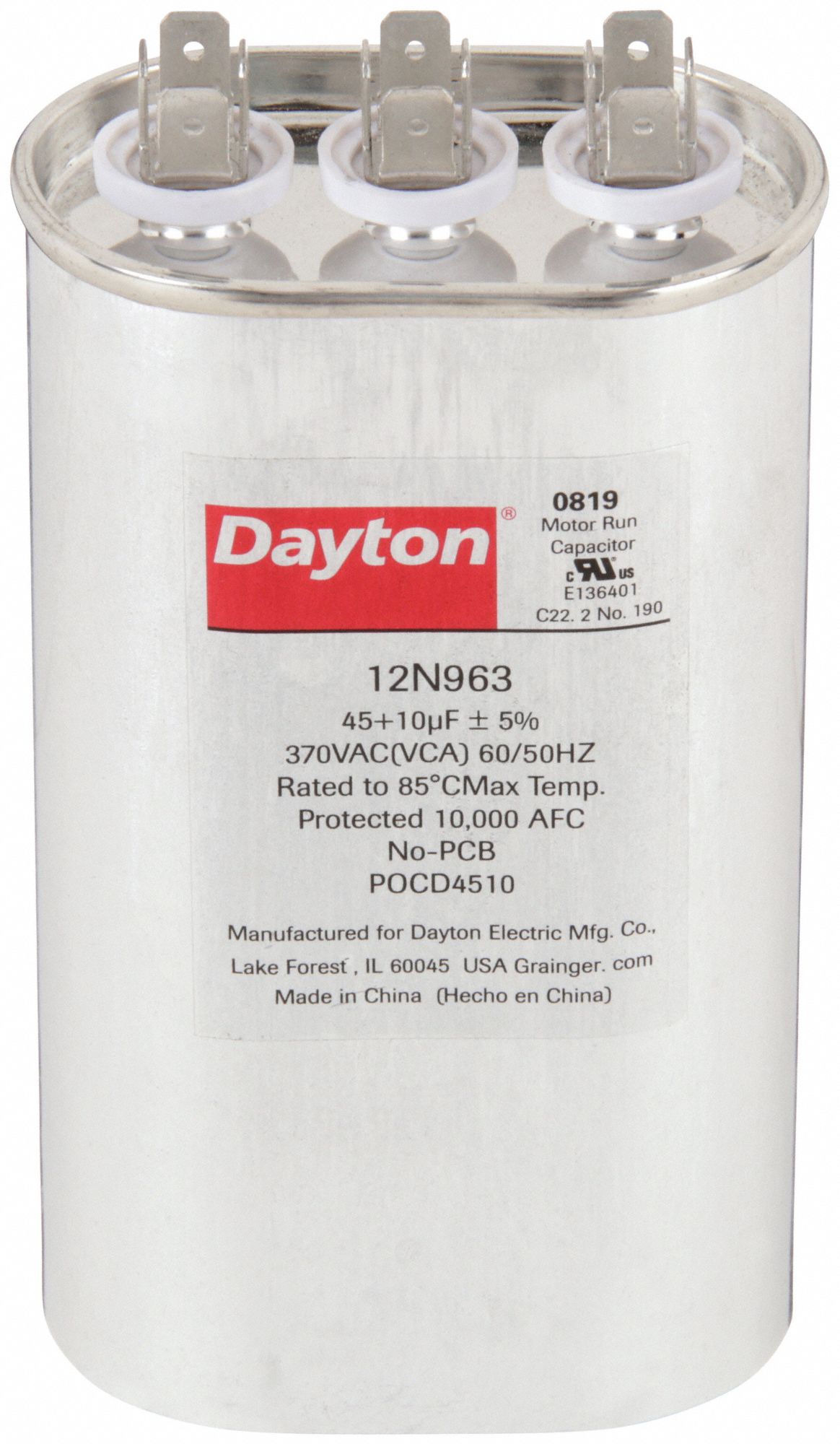 Motor Dual Run Capacitor: Oval, 370V AC, 45/10 MFD, 5 1/4 in Overall Ht, -40°C Op Temp - Min