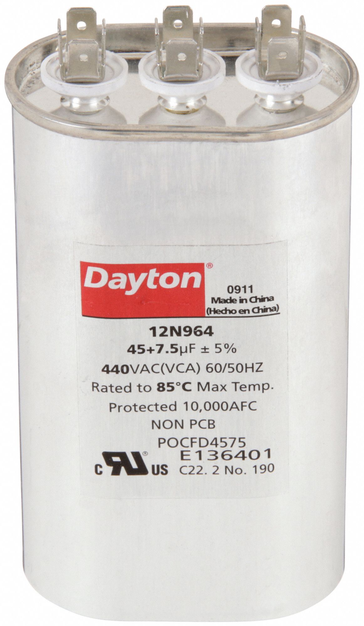 Motor Dual Run Capacitor: Oval, 440V AC, 45/7.5 MFD, 5 1/4 in Overall Ht, -40°C Op Temp - Min