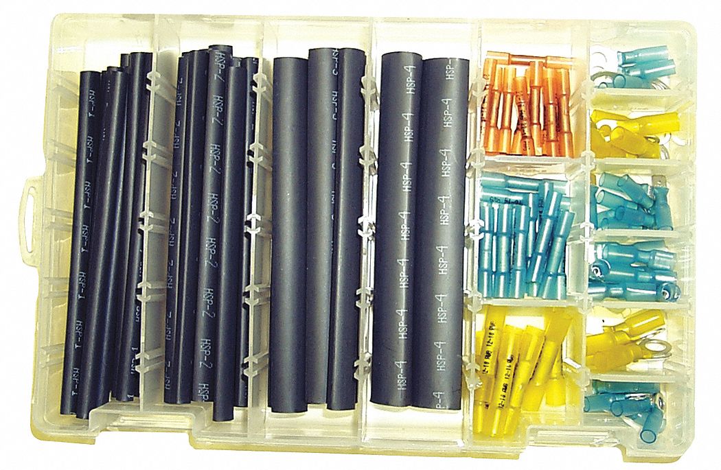 ADH LINED HEAT SHRINK TUBING WITH CONNECTORS, ASSORTED SIZES, BLACK, RED, BLUE, YELLOW, 103 PIECES