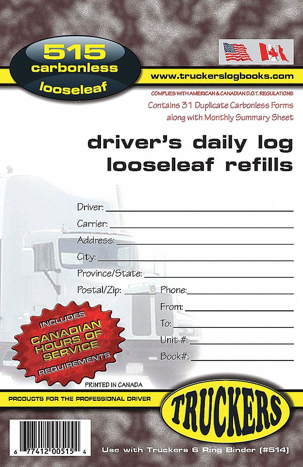 DRIVERS DAILY LOG BOOK REFILL, FOR TRUCKERS 6 RING BINDER, CARBONLESS, 5.5 X 0.25 IN