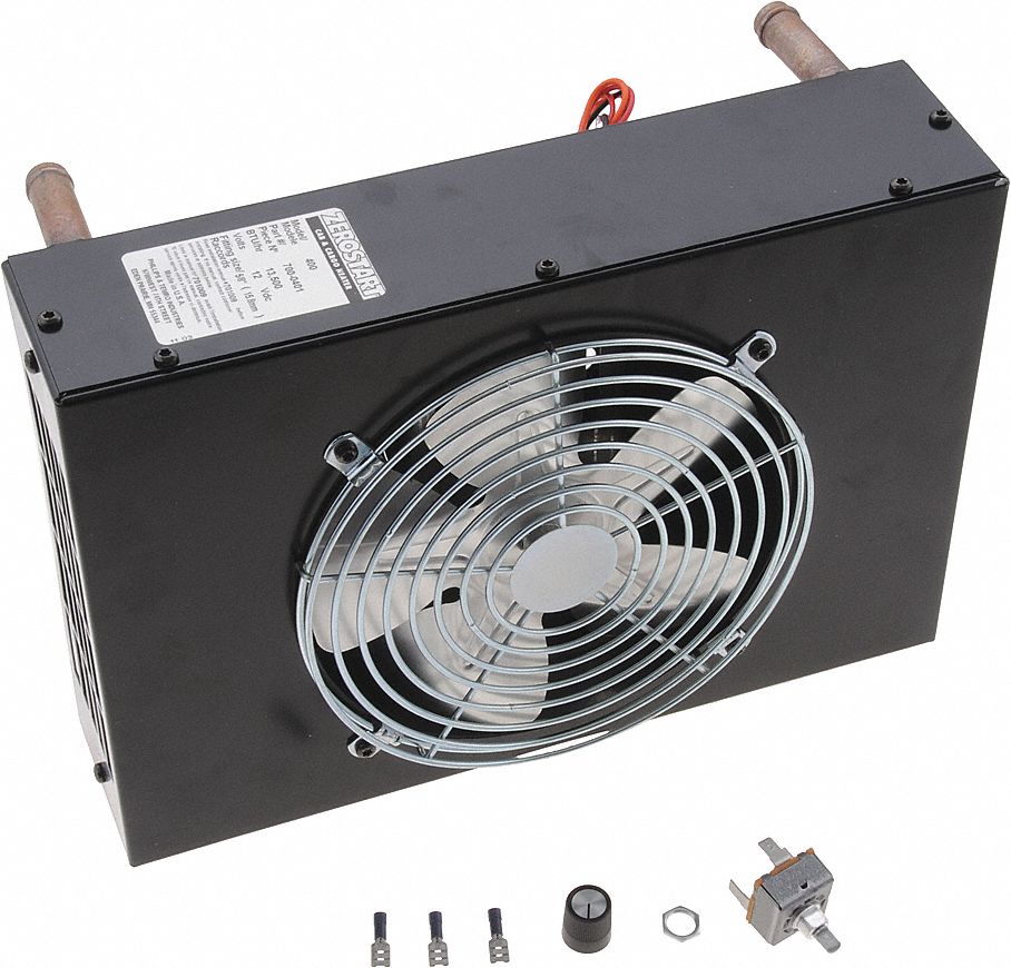 CAB HEATER, MODEL 400/12 VOLTS/130 CFM/4.3 AMPS/13,500 BTU/HR, 13 X 3.1 X 9 X 5/8 IN