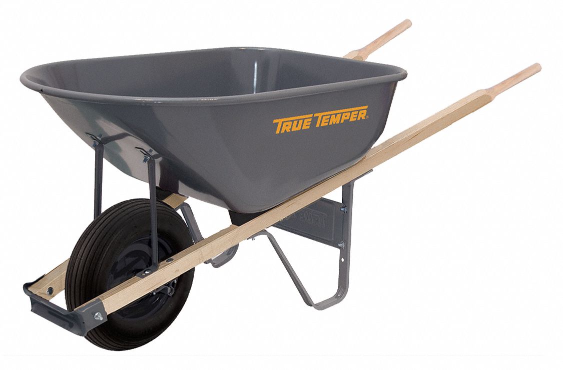 WHEELBARROW,6 CU FT,43 X 25 1/2 X 16 IN,FLAT-FREE WHEEL 4 X 16 IN,STEEL/WOOD/PNEUMATIC 2-PLY