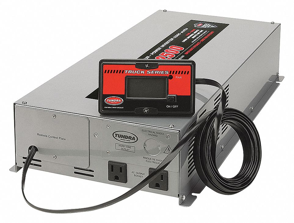 POWER INVERTER, 3 OUTLETS, 6000 W, 12 VDC, THREE PRONG/HARDWIRED, 8 1/2 X 5 1/8 X 22 1/8 IN, STEEL