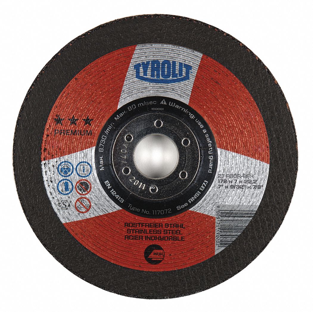 GRINDING WHEEL, TYPE 27, 30 GRIT, 13,300 RPM, GRADE R, 4 1/2 X 9/32 IN, 7/8 IN ARBOR