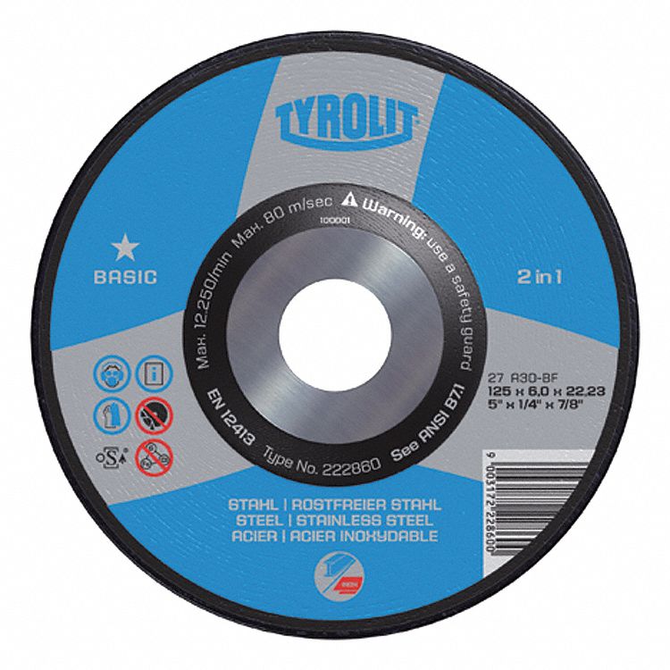 GRINDING WHEEL, TYPE 27, 30 GRIT, 10,200 RPM, GRADE Q, 6 X 1/4 IN, 7/8 IN ARBOR