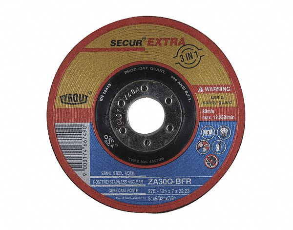 GRINDING WHEEL, TYPE 27, 30 GRIT, 8,600 RPM, GRADE Q, 7 X 9/32 IN, 7/8 IN ARBOR