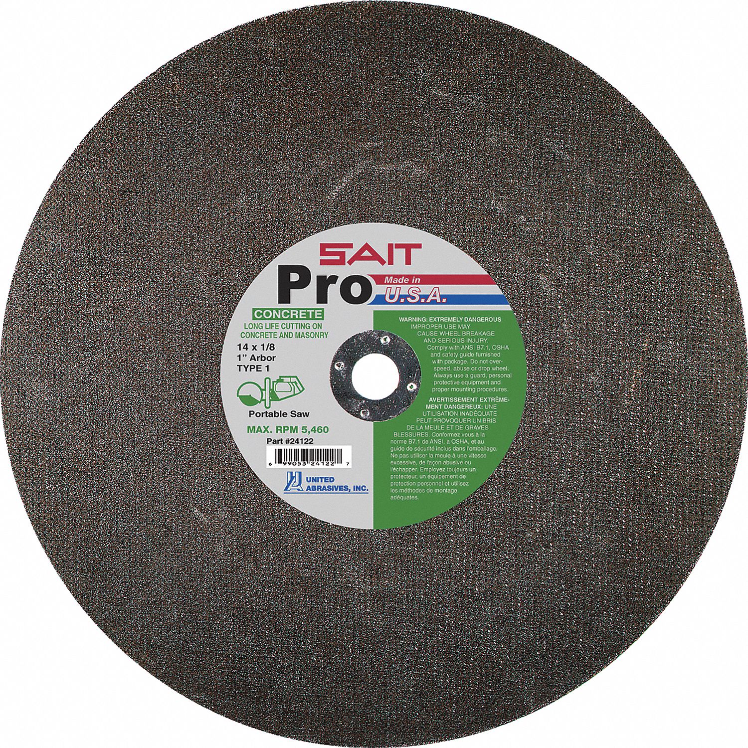 CUT-OFF SAW WHEEL, FOR CONCRETE/PORTABLE, TYPE 1, 24 GRIT, 6,300 RPM, 12 X 1/8 X 1 IN