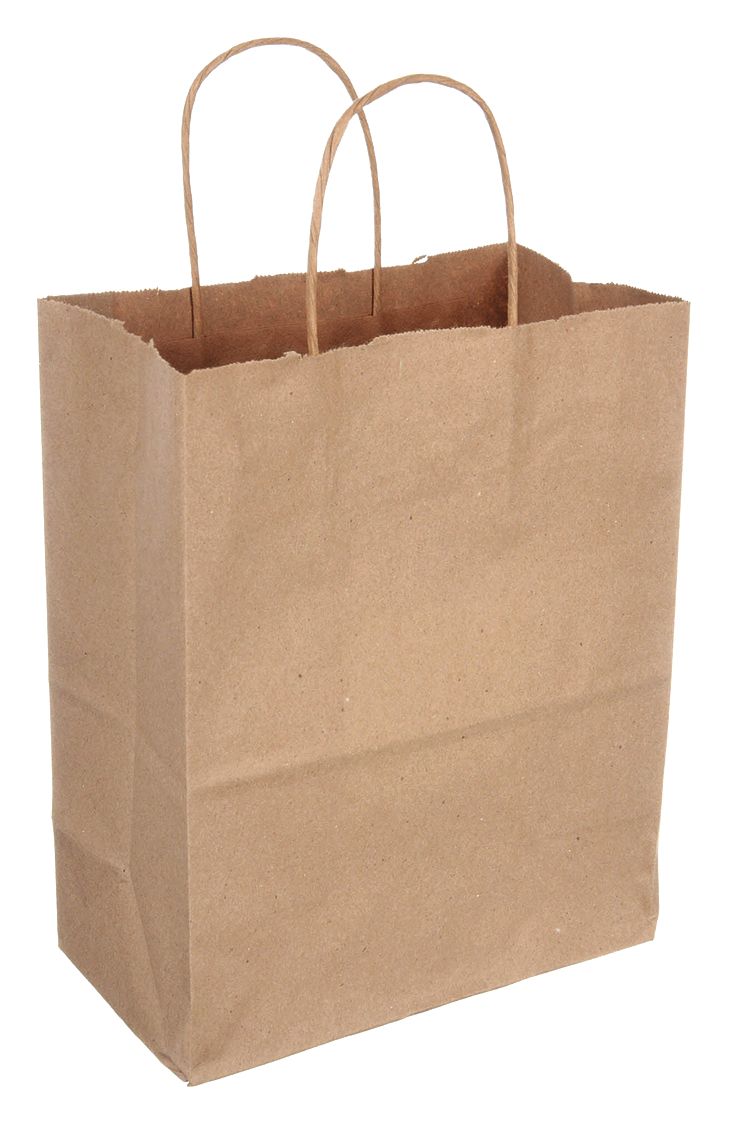 Shopping Bag: 8 in Wd, 4 1/2 in Dp, 10 1/4 in Ht, Std Merchandise Bag, Kraft, 250 PK