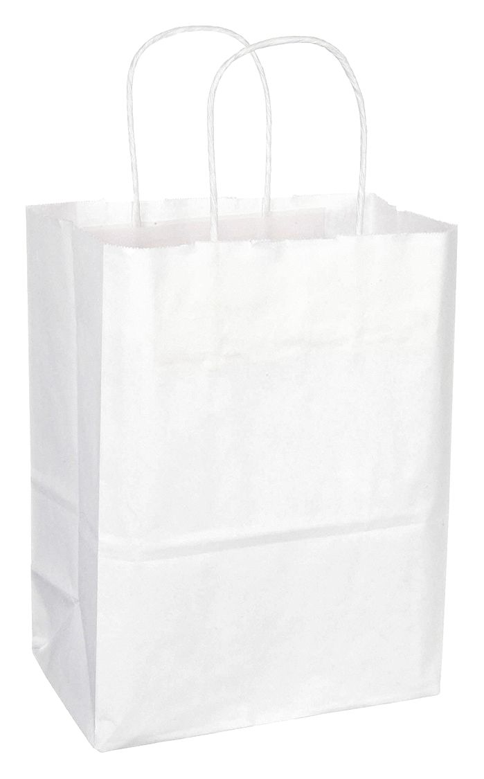 Shopping Bag: 8 in Wd, 4 1/2 in Dp, 10 1/4 in Ht, Std Merchandise Bag, White, 250 PK