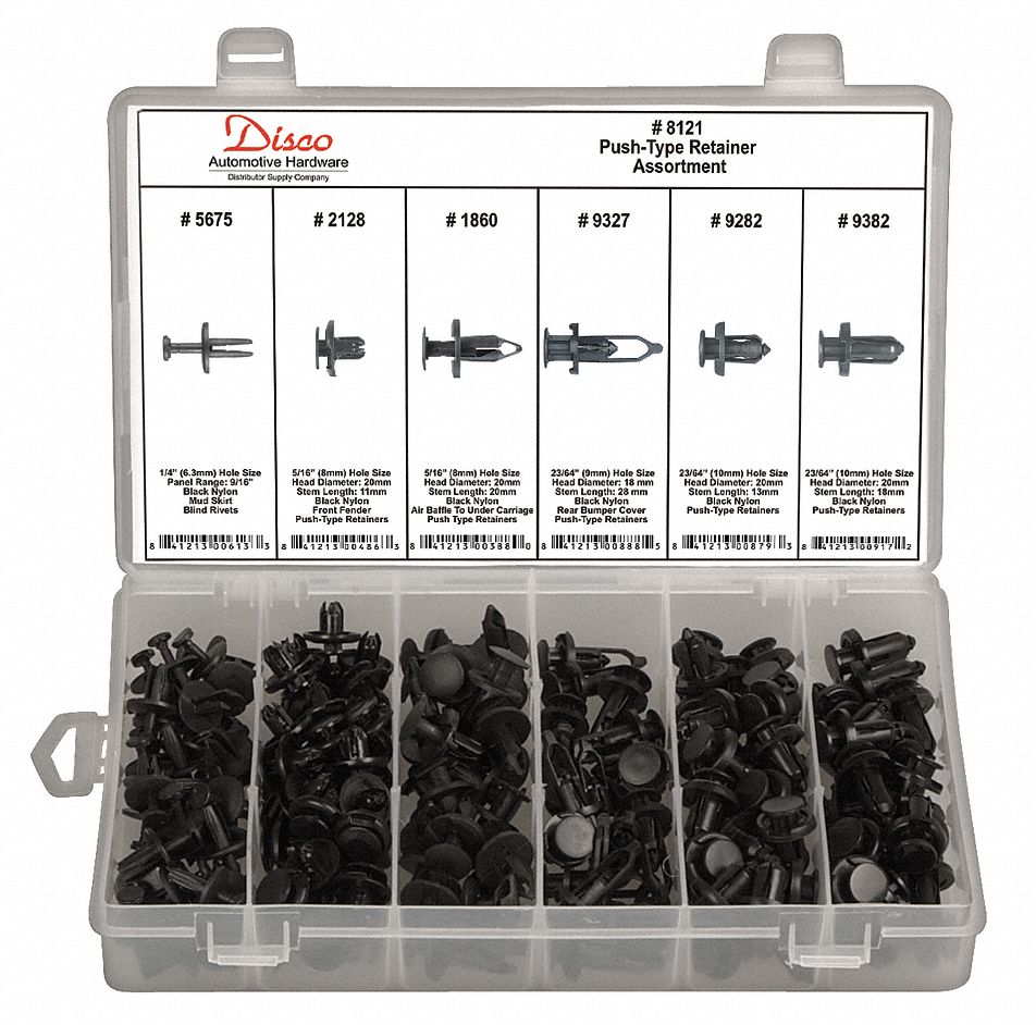 NYLON PUSH TYPE RETAINER ASSORTMENT, 175 PIECES, BLACK