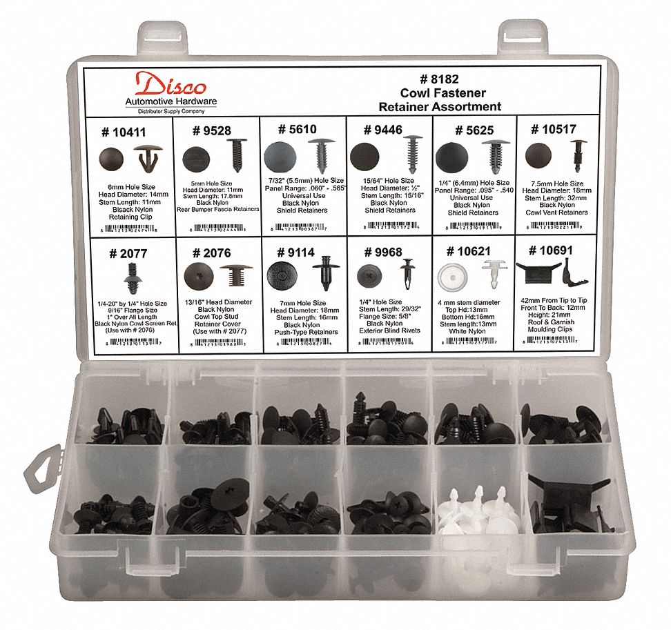 Cowl Fastener Retainer Assortment: 168 Pieces