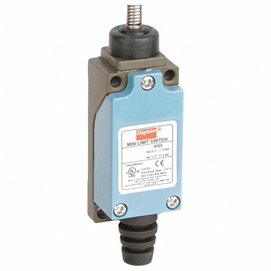 DAYTON Limit Switch: Coil Spring, 4 Mounting Holes, 3.94 in Actuator Lg DAYTON Limit Switch: Coil Spring, 4 Mounting Holes, 3.94 in Actuator Lg