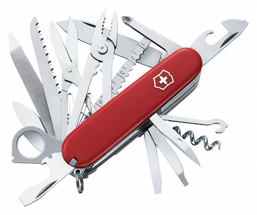 SWISS ARMY MULTI-TOOL KIT, 16 TOOLS, 3 1/2 IN CLOSED L, 6 1/4 IN OPEN L, PLASTIC, RED