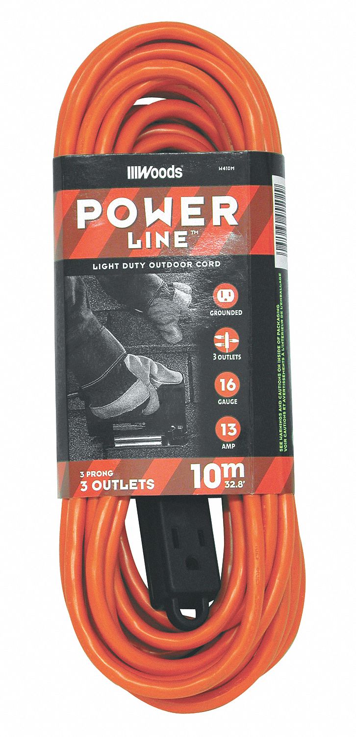 EXTENSION CORD, 30 FEET, 13 AMPS, 125 VOLTS, 3 OUTLETS, PVC, ORANGE