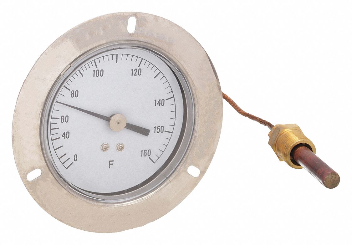 ANALOG PANEL MOUNT THERMOMETER, 3.5 IN DIAL DIAMETER, 2 IN PROBE L, +/-1 &deg; F SCALE DIVISION