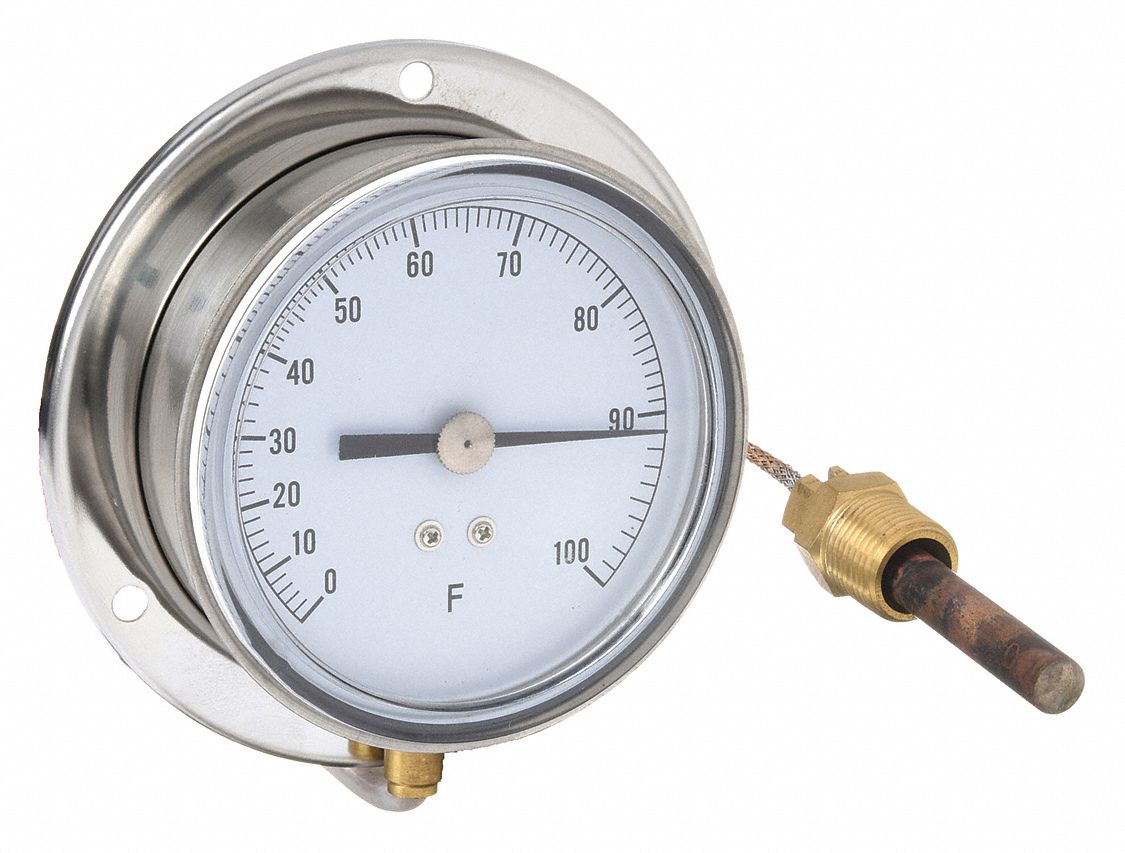 Analog Panel Mount Thermometer: 0°F to 100°F, ±1°F Scale Division, 3.5 in Dial Dia