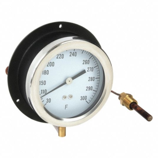 Analog Panel Mount Thermometer: 0° to 100°F, 4.5 in Dial Dia, 1/2 in MNPT  with 5 ft Cable