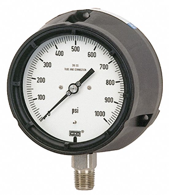 PRESSURE GAUGE, FOR PROCESSING, 0-1000 PSI, 1/4 IN MNPT, DIAL SZ 4 1/2 IN
